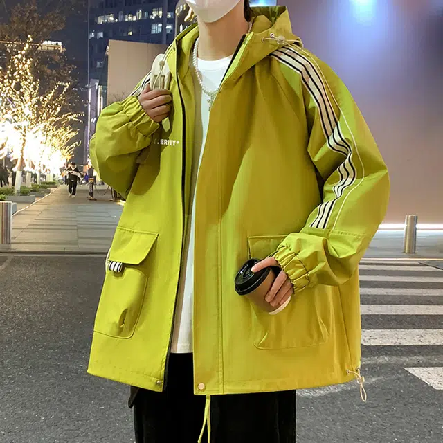 顶峰保罗 美式条纹拼接撞色拉链休闲工装长袖连帽上衣无性别主义直筒宽松加肥加大简约百搭潮牌高街夹克外套 男女同款