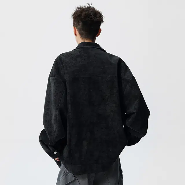 顶峰保罗 美式扎染复古痞帅翻领工装皮衣无性别主义美拉德重磅休闲宽松大码上衣茄克简约百搭显高显瘦长袖夹克外套 男女同款