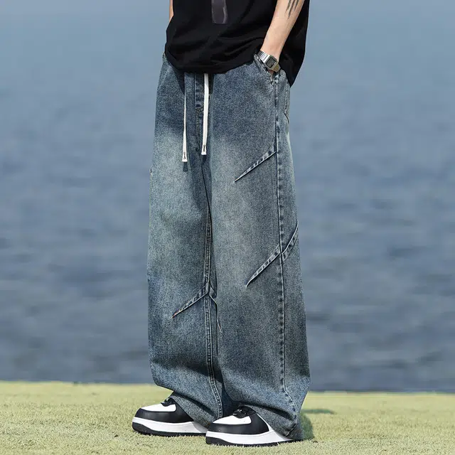 顶峰保罗 美式复古水洗工装解构无性别主义直筒长裤休闲阔腿弹力松紧腰显高百搭宽松高街潮牌垂感牛仔裤 男女同款