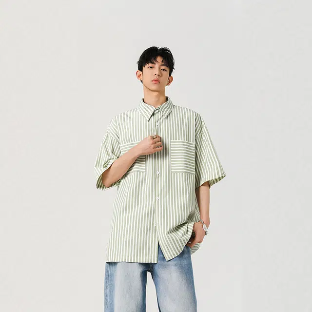 顶峰保罗 竖条纹薄款透气大口袋衬衣外套宽松舒适冰丝凉感速干休闲小众百搭翻领短袖衬衫 男女同款