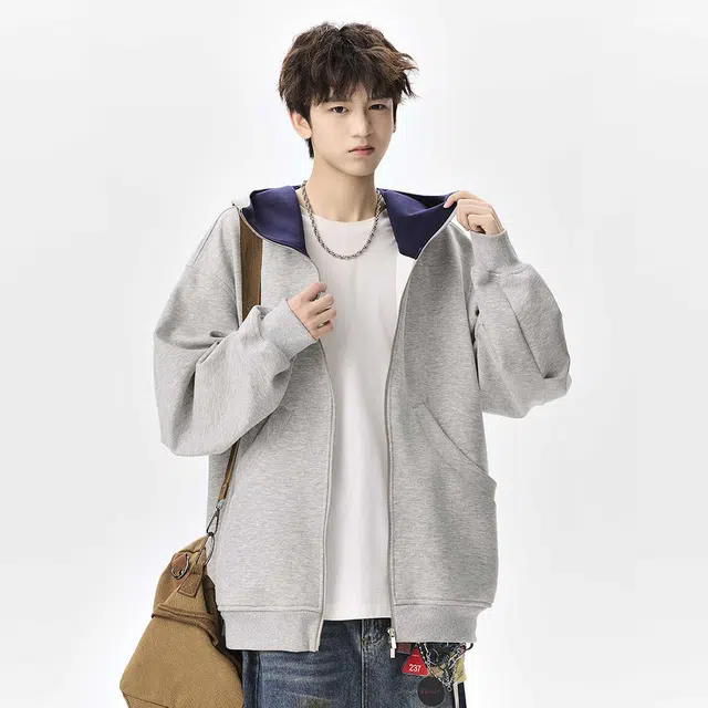 顶峰保罗 美式重磅连帽开衫双头拉链外套无性别主义休闲潮牌高街百搭上衣简约时尚纯色痞帅慵懒风长袖卫衣 男女同款
