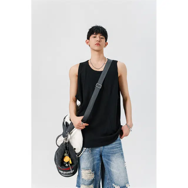 顶峰保罗 纯色简约美式高街高级设计感无袖坎肩体恤无性别主义青少年夏天薄款背心 男女同款