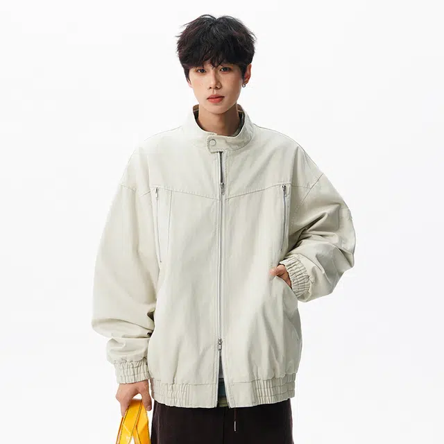 顶峰保罗 纯棉美式立领纯色工装飞行员无性别主义直筒宽松休闲通勤百搭上衣潮牌时尚高街长袖夹克外套 男女同款