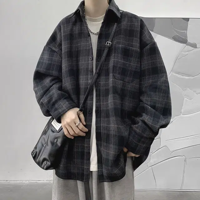 顶峰保罗 美式复古格子衬衣宽松百搭无性别主义小众设计感痞帅外套休闲简约时尚开衫直筒长袖衬衫 男女同款