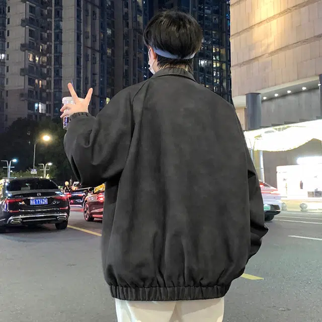 顶峰保罗 美式复古纯色休闲工装飞行员翻领长皮衣无性别主义直筒宽松百搭潮牌高街夹克外套 男女同款