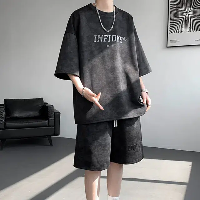顶峰保罗 美式复古时尚亲肤柔软短袖上衣宽松潮流简约舒适短裤休闲运动套装 男女同款