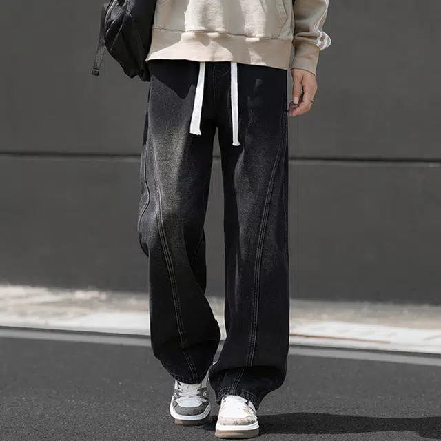 顶峰保罗 美式潮牌复古宽松直筒休闲时尚百搭无性别主义垂感做旧水洗高街弯刀系带设计感牛仔裤 男女同款