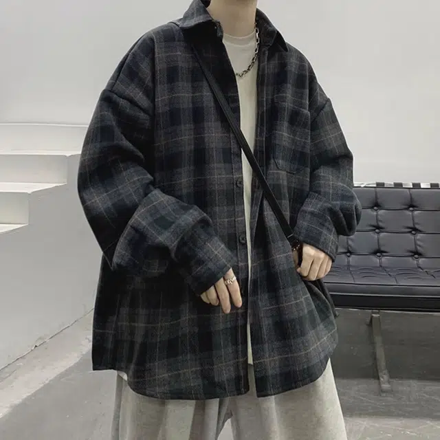 顶峰保罗 美式复古格子衬衣宽松百搭无性别主义小众设计感痞帅外套休闲简约时尚开衫直筒长袖衬衫 男女同款