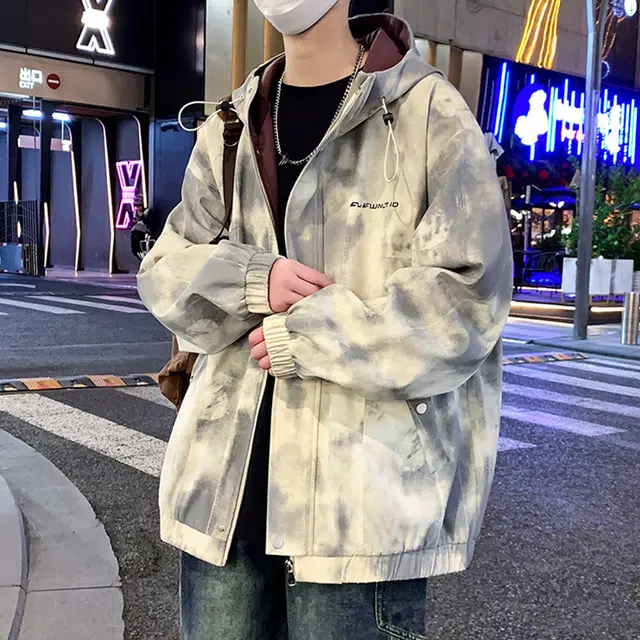 顶峰保罗 美式扎染字母印花翻领长袖机车连帽外套直筒休闲复古工装上衣宽松加肥加大简约百搭高街无性别主义潮牌飞行员夹克 男女同款