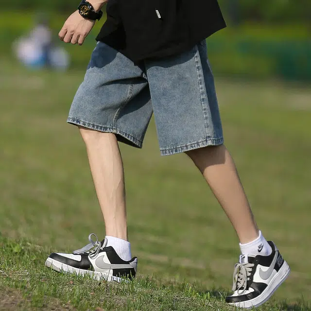 顶峰保罗 无性别主义美式高街潮牌潮复古水洗做旧直筒五分中裤垂感设计感百搭牛仔短裤 男女同款