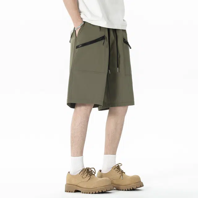 顶峰保罗 美式拼接拉链冰丝薄款宽松百搭工装直筒无性别主义运动健身五分中裤弹力潮牌显高垂顺外穿痞帅休闲短裤 男女同款