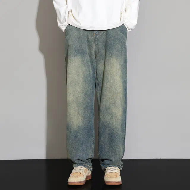 顶峰保罗 美式水洗复古做旧潮牌直筒无性别主义休闲阔腿长裤显高显瘦宽松大码百搭高街垂感牛仔裤 男女同款
