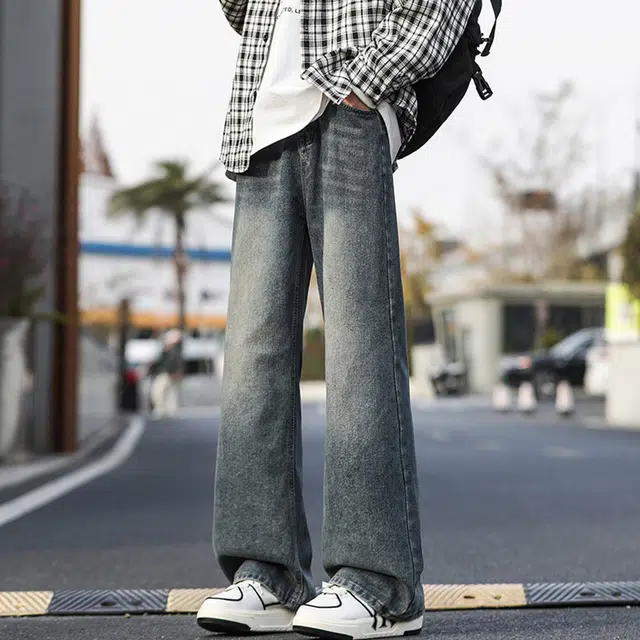 顶峰保罗 美式高街撞色直筒阔腿水洗做旧潮牌复古宽松高级感透气百搭休闲长裤牛仔裤 男女同款