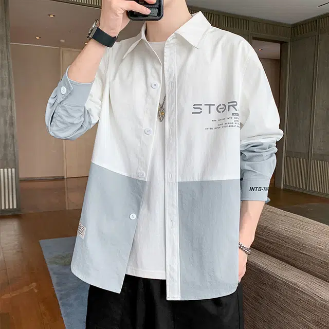 顶峰保罗 冰丝凉感字母拼接撞色外穿上衣服宽松休闲设计感小众百搭运动舒适潮流长袖衬衫 男女同款