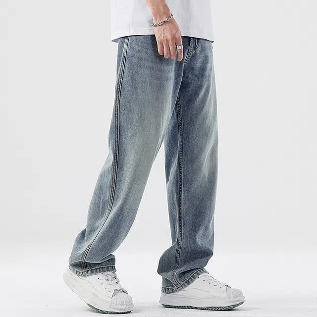 顶峰保罗 无性别主义水洗做旧薄款透气宽松直筒美式高街潮牌垂感休闲阔腿长裤子时尚百搭设计感牛仔裤 男女同款