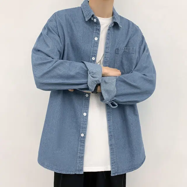 顶峰保罗 日系复古水洗牛仔工装翻领单排扣衬衫无性别主义休闲百搭直筒痞帅高街时尚简约长袖夹克 男女同款