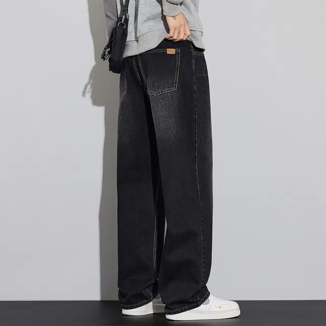 顶峰保罗 美式潮牌直筒阔腿无性别主义休闲复古高街水洗做旧运动长裤弹力显高显瘦宽松大码简约百搭加绒加厚垂感牛仔裤 男女同款