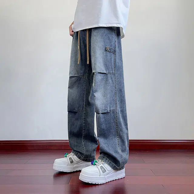 顶峰保罗 薄款透气水洗直筒长裤美式复古痞帅设计感高街潮流宽松休闲百搭大码阔腿牛仔裤 男女同款