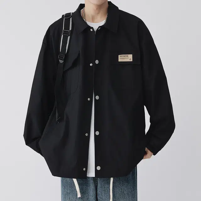 顶峰保罗 美式纯色翻领上衣无性别主义宽松休闲痞帅百搭潮牌衬衫式外套夹克 男女同款