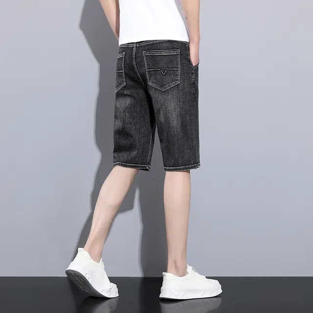 顶峰保罗 薄款透气复古水洗直筒五分裤美式高街潮牌宽松运动休闲百搭高级感阔腿牛仔短裤 男女同款