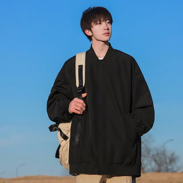 顶峰保罗 美式飞行纯色棒球领无性别主义直筒上衣外套宽松大码休闲百搭潮牌简约时尚痞帅长袖夹克 男女同款