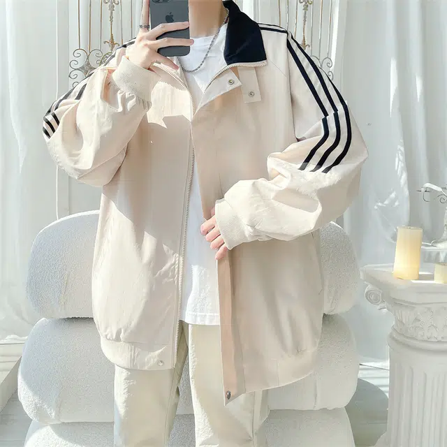顶峰保罗 美式侧边条纹拼接撞色立领薄款潮牌宽松舒适休闲小众百搭高街痞帅简约夹克外套 男女同款