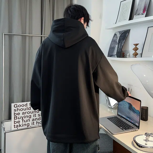 顶峰保罗 美式潮牌重磅假两件连帽无性别主义直筒高街宽松百搭时尚纯色卫衣 男女同款