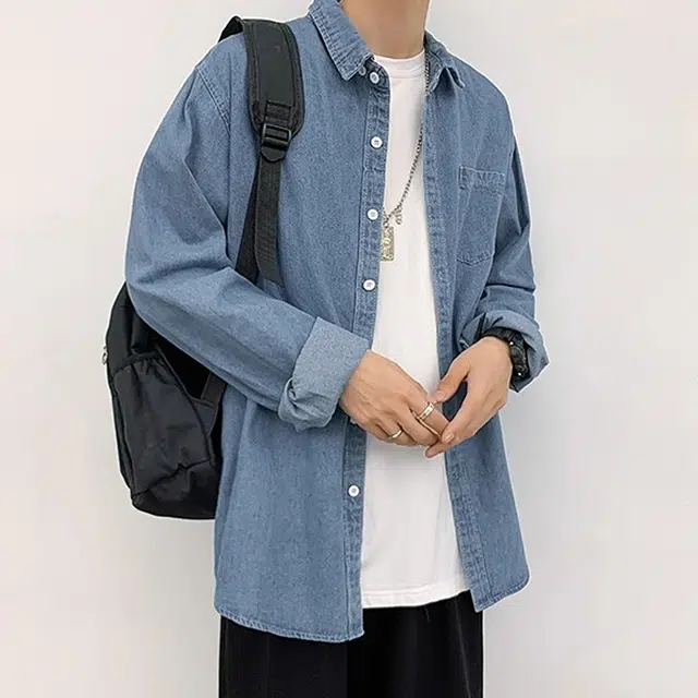 顶峰保罗 日系复古水洗牛仔工装翻领单排扣衬衫无性别主义休闲百搭直筒痞帅高街时尚简约长袖夹克 男女同款