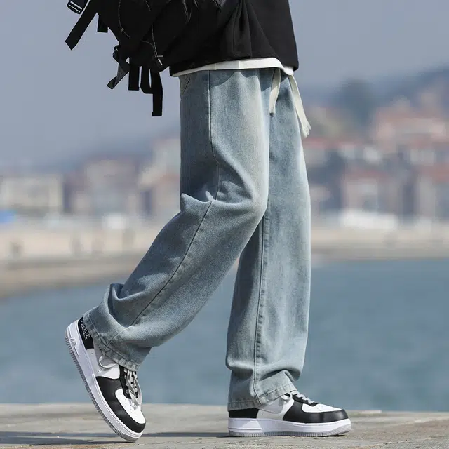 顶峰保罗 美式复古水洗潮牌做旧宽松直筒无性别主义休闲阔腿裤弹力抽绳显高显瘦简约时尚百搭设计感高街垂感牛仔裤 男女同款