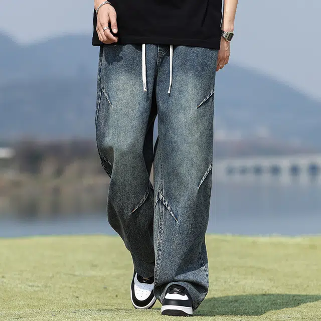 顶峰保罗 美式复古水洗工装解构无性别主义直筒长裤休闲阔腿弹力松紧腰显高百搭宽松高街潮牌垂感牛仔裤 男女同款