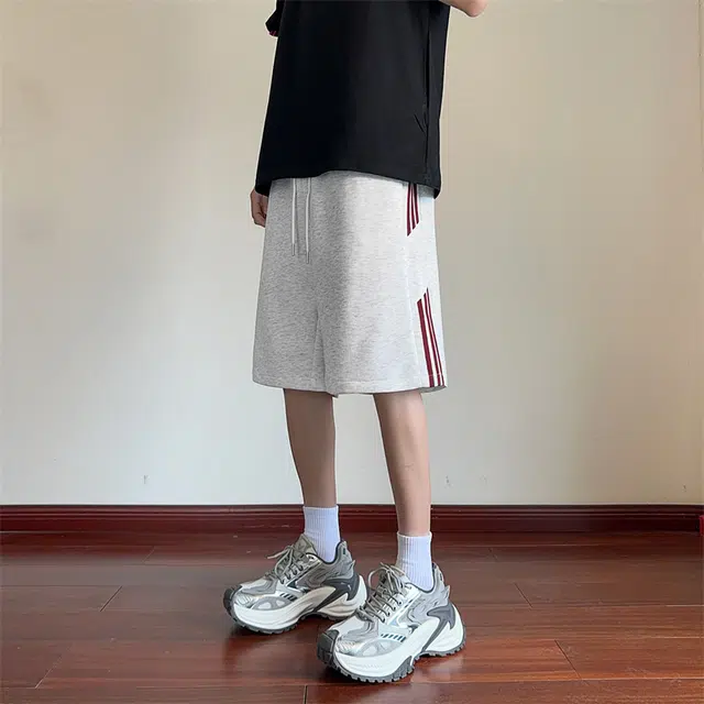 顶峰保罗 条纹冰丝宽松休闲百搭五分裤无性别主义潮牌凉感薄款透气运动健身直筒休闲短裤 男女同款