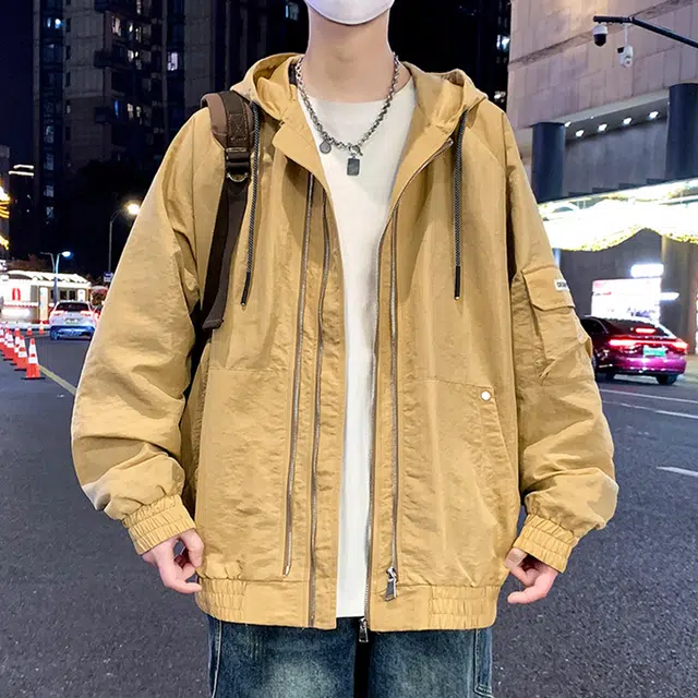 顶峰保罗 美式潮牌纯色飞行员翻领长袖机车连帽外套无性别主义直筒休闲运动复古工装上衣宽松加肥加大简约百搭高街夹克 男女同款