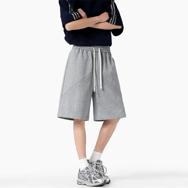 顶峰保罗 薄款透气拼接质感舒适直筒五分裤美式潮牌跑步运动宽松百搭显瘦显高阔腿休闲短裤 男女同款