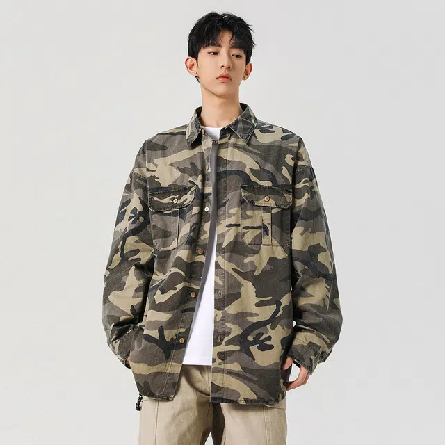 顶峰保罗 美式迷彩工装潮牌宽松慵懒运动高街痞帅做旧长袖翻领衬衫 男女同款