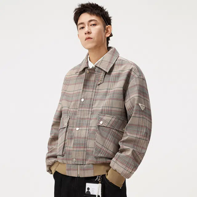 顶峰保罗 美式千鸟格翻领格子工装外套无性别主义直筒宽松加肥加大休闲小香风百搭大口袋衬衫上衣潮牌时尚高街长袖显高显瘦夹克 男女同款
