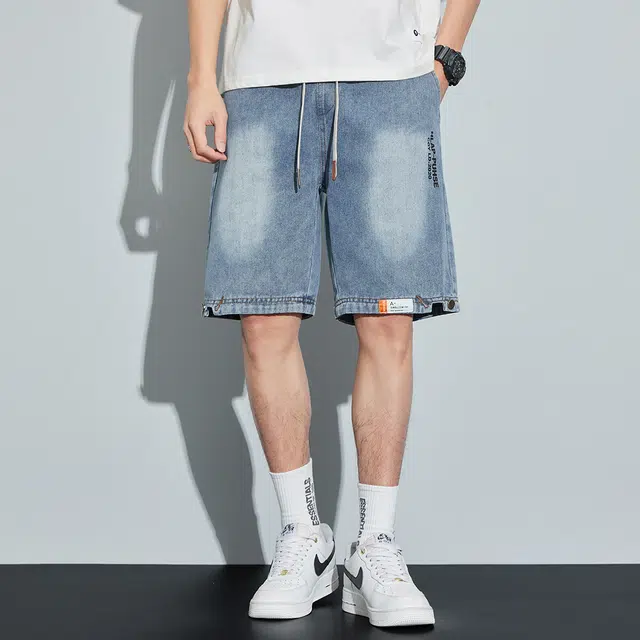 顶峰保罗 薄款潮流宽松休闲外穿潮牌炸街帅气百搭无性别主义五分中裤时尚直筒运动透气牛仔短裤 男女同款