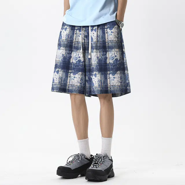 顶峰保罗 冰丝扎染格子设计运动感无性别主义宽松垂感直筒弹力抽绳显高大码时尚简约美式复古潮牌休闲短裤 男女同款