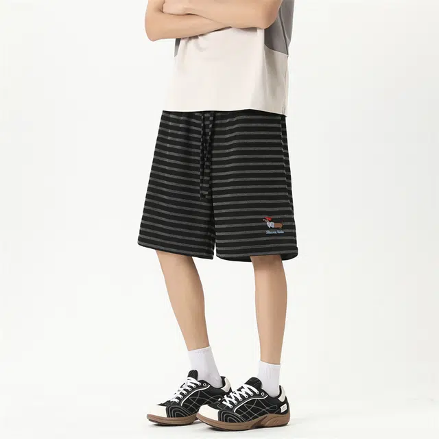 顶峰保罗 腊肠小狗条纹薄款透气直筒五分裤美式高街潮牌宽松舒适小众百搭设计感休闲短裤 男女同款