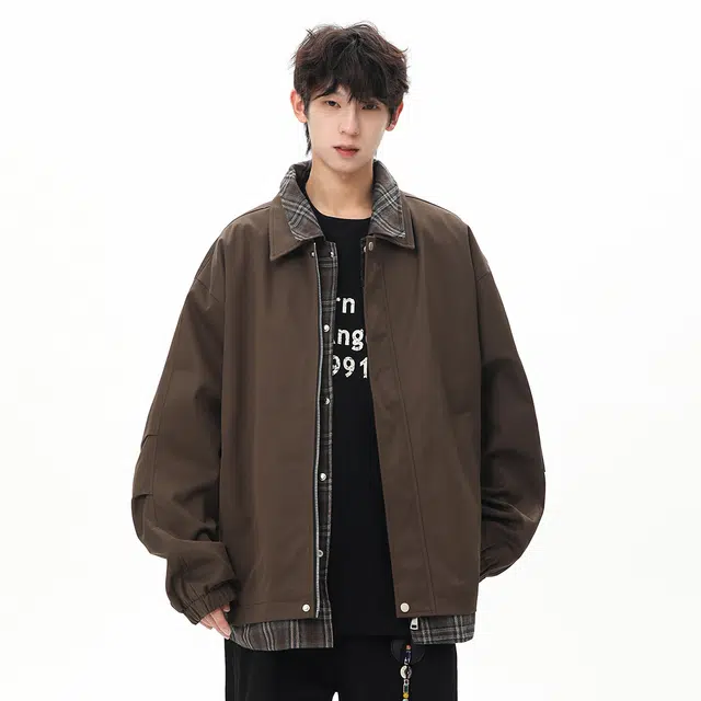 顶峰保罗 美式假两件格纹拼接翻领长袖外套无性别主义休闲复古潮牌宽松大码上衣简约百搭显高显瘦夹克 男女同款