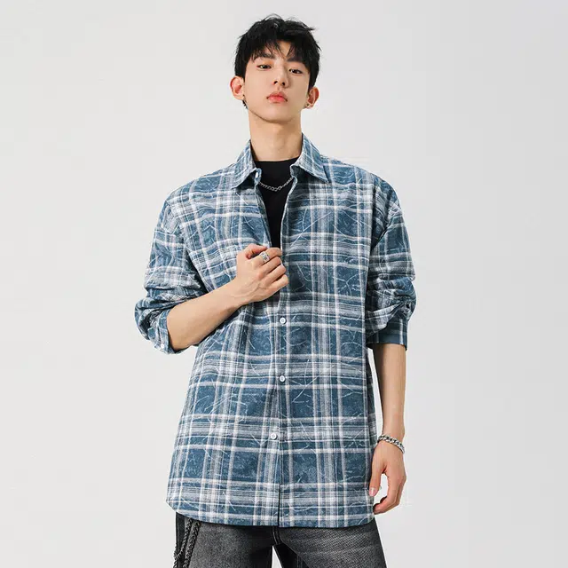 顶峰保罗 美式复古撞色晕染格子长袖衬衣无性别主义潮牌慵懒风外套百搭休闲简约翻领上衣宽松大码衬衫 男女同款