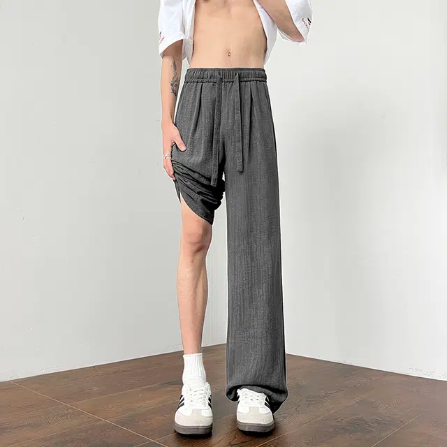 顶峰保罗 美式复古潮牌凉感舒适薄款直筒长裤竖条纹理感宽松小众百搭显瘦拖地阔腿休闲裤 男女同款