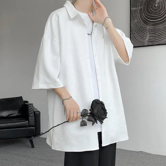 顶峰保罗 无性别主义痞帅潮牌薄款凉感亲肤透气宽松半袖休闲衬衣时尚百搭外套高级感短袖衬衫 男女同款