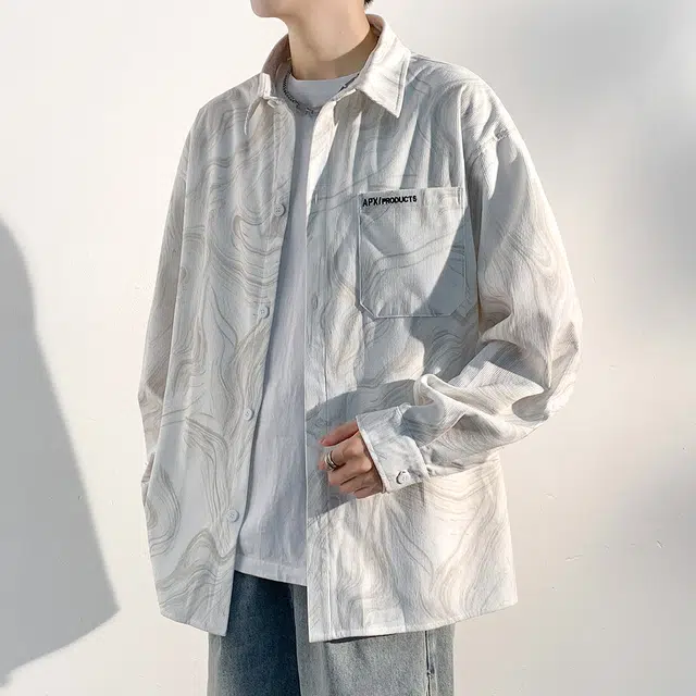 顶峰保罗 美式复古扎染字母印花休闲翻领长袖夹克衬衣无性别主义宽松大码高街时尚上衣外套简约百搭衬衫 男女同款
