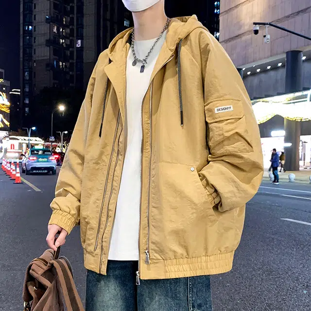 顶峰保罗 美式潮牌纯色飞行员翻领长袖机车连帽外套无性别主义直筒休闲运动复古工装上衣宽松加肥加大简约百搭高街夹克 男女同款