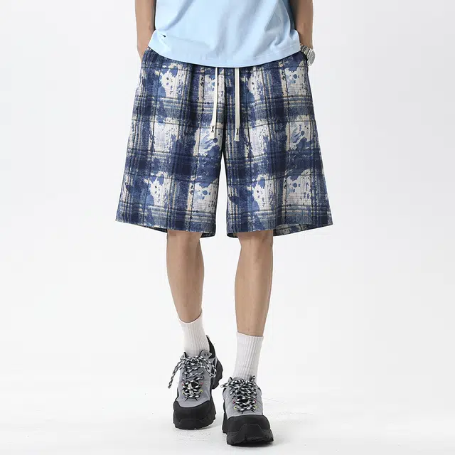 顶峰保罗 冰丝扎染格子设计运动感无性别主义宽松垂感直筒弹力抽绳显高大码时尚简约美式复古潮牌休闲短裤 男女同款