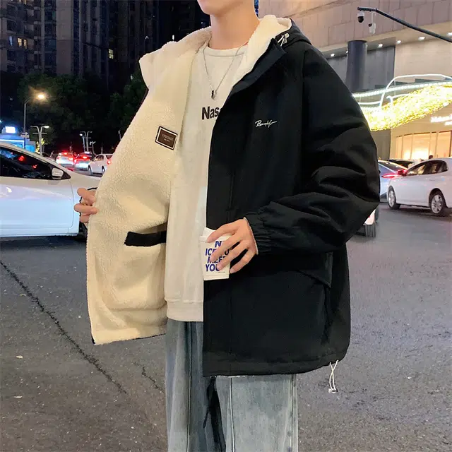 顶峰保罗 双面穿羊羔绒潮牌连帽立领宽松休闲运动外套无性别主义时尚百搭加绒加厚棉服 男女同款