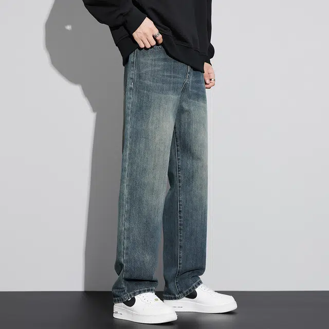 顶峰保罗 美式潮牌冰丝百搭阔腿垂感无性别主义复古直筒高街舒适时尚牛仔裤 男女同款