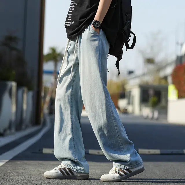 顶峰保罗 冰丝美式潮牌宽松直筒裤子高级感无性别主义百搭垂感阔腿复古高街弹力抽绳牛仔裤 男女同款