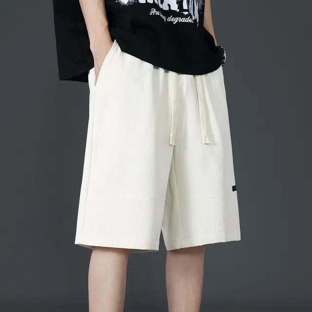 顶峰保罗 冰丝拼接直筒外穿薄款宽松百搭美式潮牌显高垂顺痞帅无性别主义运动健身五分中裤弹力休闲短裤 男女同款