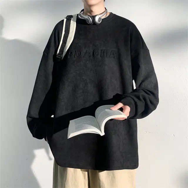 顶峰保罗 麂皮绒美式高街潮牌字母宽松大码休闲上衣打底衫无性别主义潮流百搭情侣款圆领卫衣 男女同款